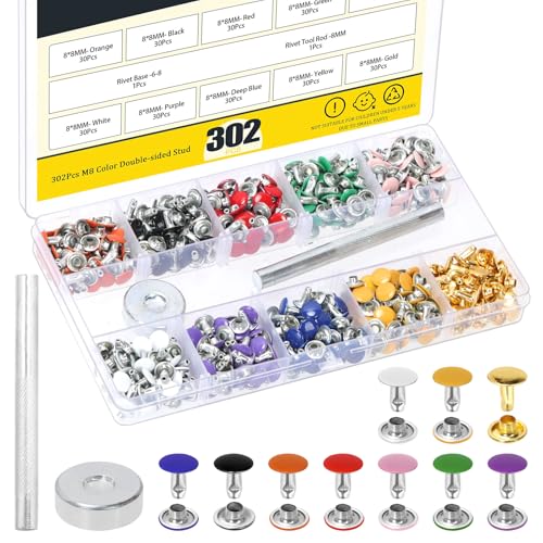 Mardatt 302Pcs 10 Colors Double Cap Rivets with Setting Tool Kit, 8x8mm Leather Rivets Tubular Metal Studs for DIY Leather Craft Repair and Decoration