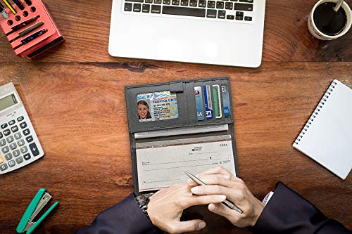 RFID Leather Checkbook Cover With Credit Card Slots and Pen Holder - color: Walnut