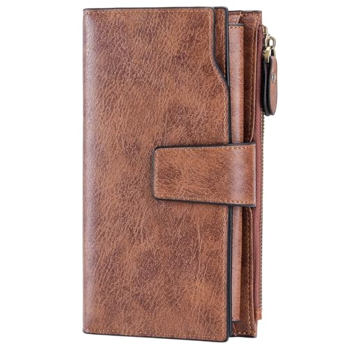 SENDEFN Women Leather Wallets RFID Blocking Clutch Card Holder Ladies Purse with Zipper Pocket - color: A-Light Brown