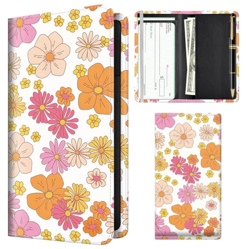 Checkbook Cover for Personal Checkbook, Cute Pu Leather Check Book for Women & Men, Slim Checkbook Holder with Pen Holder and Built-in Clear Plastic Divider, Cute Flowers - color: Cute Flowers