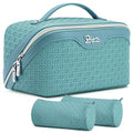 BOYATU Travel Makeup Bag Cosmetic Bags for Women: 3 Pcs Set Make up Bag | Large Capacity Waterproof Vegan Leather Organizer Bags with Compartments - Lay flat Toiletry with Handle (M-75Blue) - color: M-75Blue