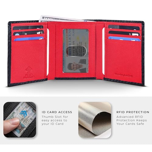 Trifold Leather Wallet for Men - RFID Slim Minimalist Front Pocket 6 Slots - color: Black Carbon/Red
