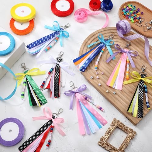 Zeyune 233 Pcs 20 Set DIY Bead Keychain Making Kits Bag Charm Beads Craft Ribbon Bow Key Chain Letter Alphabet Keychain Jewelry Backpack Accessories for Back to School Gifts Making Party Favor
