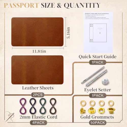 Chicplaid 2 Set DIY Leather Making Kit for Passport Small Journal Pocket Notebook Cover with 2 Full Grain Cowhide Sheet, 4-Color Elastic Cords, Brass Eyelets & Essentials with Manual - color: Dark Brown, style: Passport