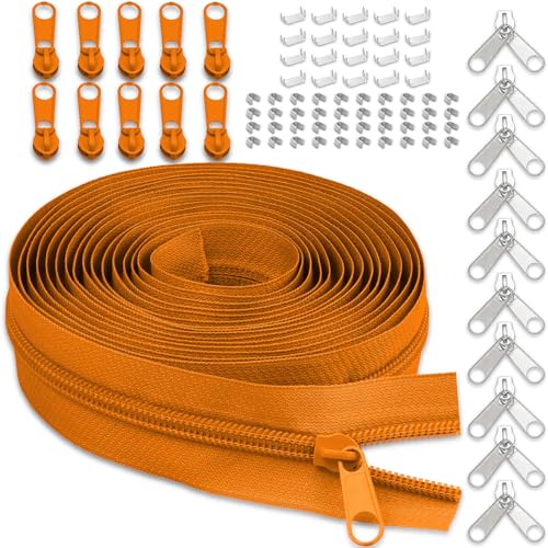 #5 Nylon Zipper Tape for Sewing: YZSFIRM 10 Yards Orange by The Yard Nylon Coil Zippers for DIY Sewing Craft with 10 Bulk Metal Zipper Slider and 10 Double Slider - color: 158 Orange, size: #5 Zipper