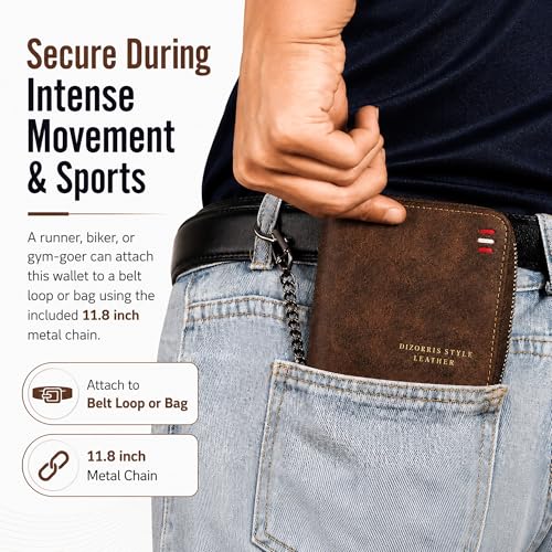 Men Leather Wallet With Zipper Chain Attached, Card Holder + Coin Pocket | Coffee Brown Mens Front Pocket With 11.8" Anti-Theft Chain, 9 Card Slots, 2 Clear ID Window, Coin Pocket and Gift Box Pack - size: Chain Wallet