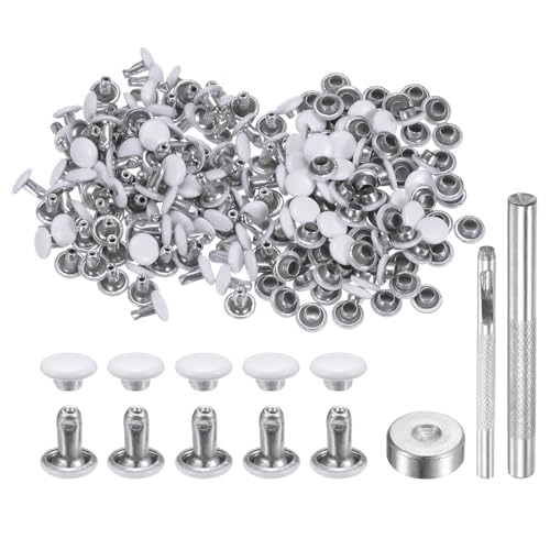HARFINGTON 100 Sets Leather Rivets 6mm x 6mm Metal Double Cap Rivet Snaps Studs Fasteners with 3pcs Setting Tools Rivets for Leather Craft DIY Repair Decoration, White - color: White, size: 6mm x 6mm