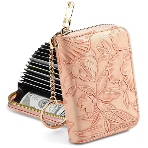 credit card holder for women，Embossed leather Rfid wallet women， KeyChain Wallet - color: Pink