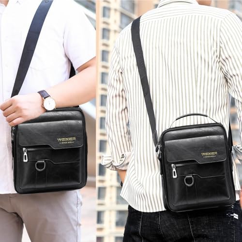 Messenger Bag for Men Crossbody Shoulder Purse Small Vintage PU Leather Satchel Pouch Side Crossover Handbag - color: Men Messenger Bag for Black