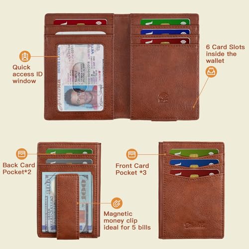 Zitahli Magnetic Closure Slim Wallet- Front Pocket Wallet for Men, 12+ Card Capacity ID Window | Money Clip Gifts for Him - color: 0 Reddish Brown