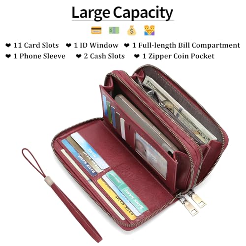 GOIACII Wristlet Wallets for Women 2 Zip Around Ladies Clutch Red | RFID Blocking, Vegan Leather, Large Capacity, Credit Card Holder, Phone Holder Purse - color: Red