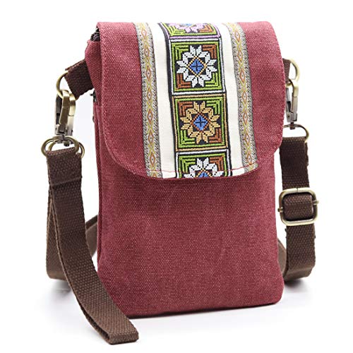 SILKAREA Vintage Embroidered Canvas Flip Small Crossbody Bag Cell Phone Pouch for Women Wristlet Wallet Bag Coin Purse - color: Wine Red