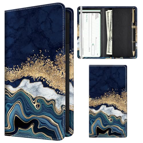 Checkbook Cover for Personal Checkbook, Cute Pu Leather Check Book for Women & Men, Slim Checkbook Holder with Pen Holder and Built-in Clear Plastic Divider, Navy Marble - color: Navy Marble