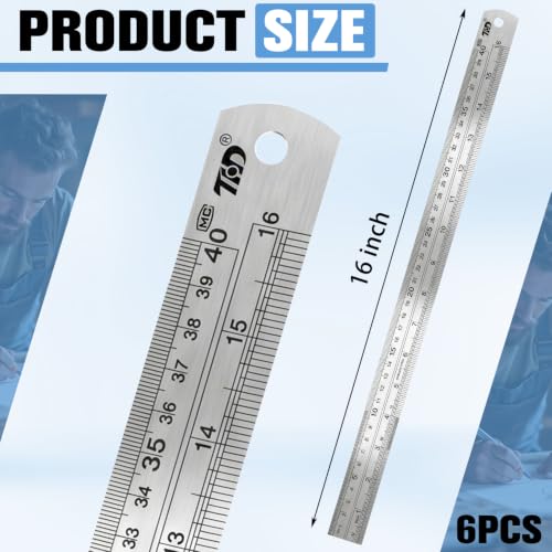 6 Pcs 16 Inch Stainless Steel Ruler Set, Metal Straight Edge with Inch and Metric Scale, Non Bendable Measuring Tool for Woodworking, Drafting, Sewing & Construction, Tailoring & Surveying - size: 16 Inch