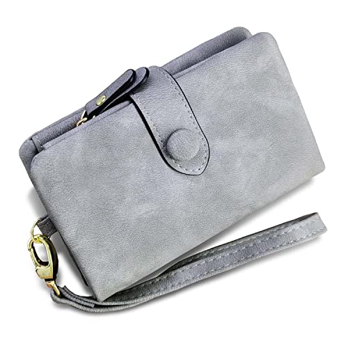 AOXONEL Women's Small Bifold Leather wallet Rfid blocking Ladies Wristlet with Card holder id window Coin Purse - color: Grey
