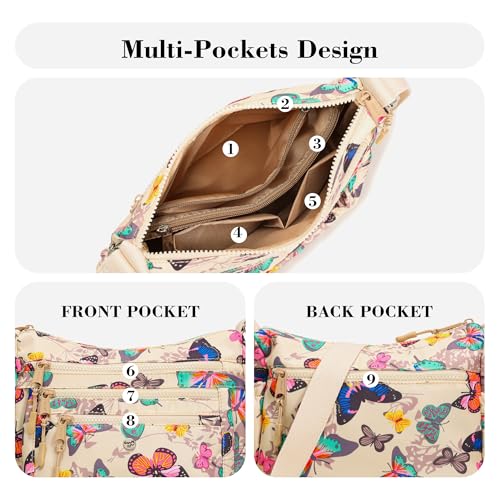 AOCINA Nylon Crossbody Bags for Women Multi Pocket Cross Body Purses - color: Beige Butterfly, size: Large