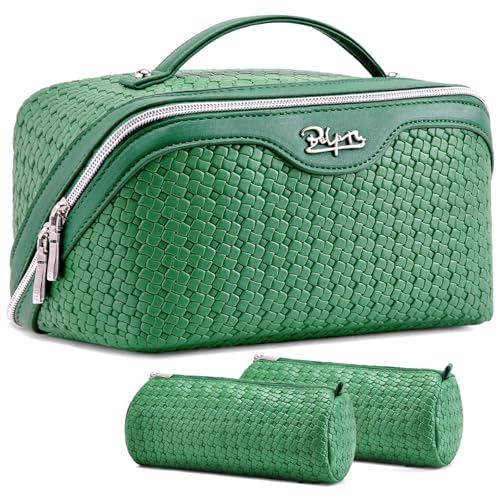 BOYATU Travel Makeup Bag Cosmetic Bags for Women: 3 Pcs Set Make up Bag | Large Capacity Waterproof Vegan Leather Organizer Bags with Compartments - Lay flat Toiletry with Handle (L38 Green) - color: L38 Green