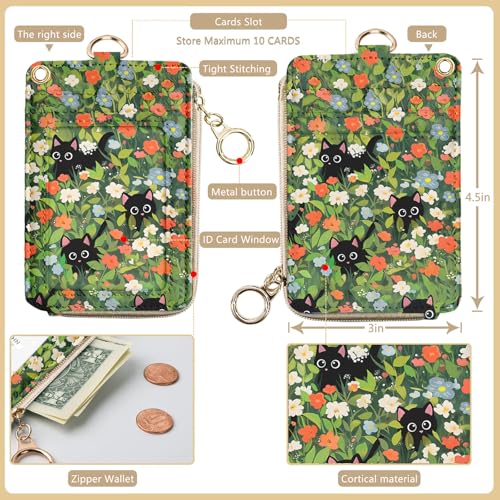 bolimoss Cute 2-in-1 ID Badge Holder & Lanyard Wallet, Black Cat Floral Wallet with Removable Wristlet & Neck Lanyard, Clear Window, 5 Card Slots, 1 Side Zipper Pocket, Ring Keychain - color: Black Cat Flower