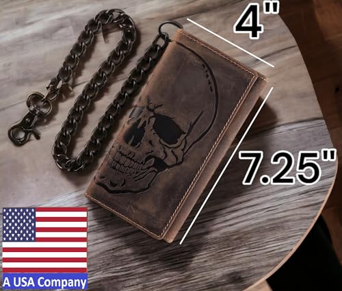F&L CLASSIC RFID Blocking Mens Tri-fold Long Style Cowhide Leather Steel Chain Wallet,brown distress with skull,212-70 - color: brown distress with skull