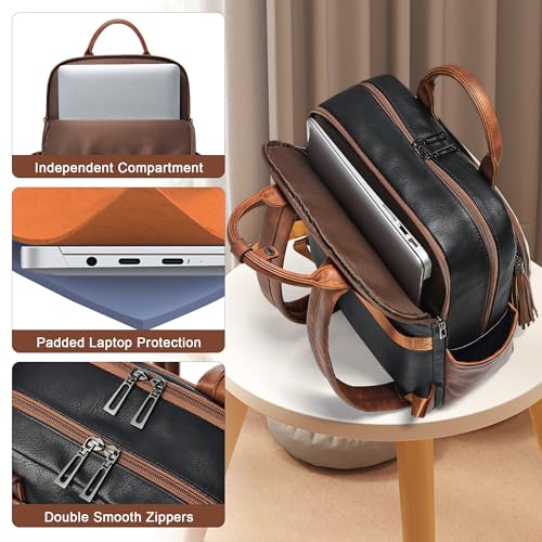 Laptop Backpack for Women 15.6 inch Travel Leather Backpack Purse Work Computer Backpacks for Business College Black With Brown and White - color: Black With Brown and White