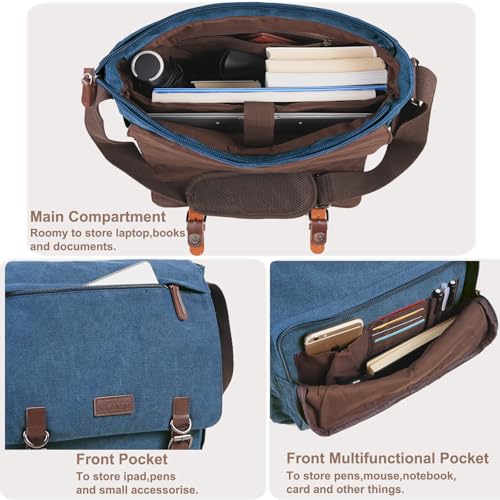 Vintage Messenger Bag 15.6 Inch Laptop for Men Women, Large Travel Crossbody Shoulder Purse Canvas Briefcase Work College - color: Blue-upgrade