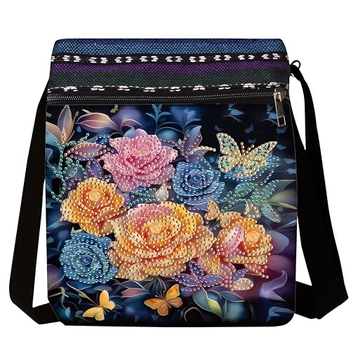 LSQFS DIY Diamond Painting Crossbody Bag, Diamond Art Kits for Adults, PU Leather Art Bag, Craft Kits for Adults Women, Portable Crossbody Purse as Gift for Diamond Art Projects - color: Butterfly flower 4
