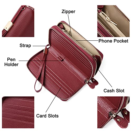SENDEFN Leather Women Wallet RFID Blocking Zipper Around Phone Holder Clutch Wristlet Large Capacity - color: Cardinal Red