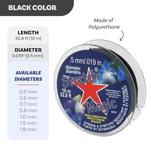 Stretch Magic Elastic Beading Cord – Black Color, 0.5mm in Diameter, 10-Meter (32 ft) - Easy to Knot, Strong & Stretchy String for Making Beaded Jewelry - size: 0.5 mm, style: Black - 10 Meter