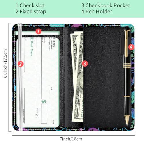 Checkbook Cover for Personal Checkbook, Cute Pu Leather Check Book for Women & Men, Slim Checkbook Holder with Pen Holder and Built-in Clear Plastic Divider, Neon Cat - color: Neon Cat
