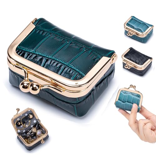 Genuine Leather Mini Jewelry Box & Coin Purse for Women, Travel Jewelry Case with Kiss Lock, Holds Earrings, Rings, Necklace, Bracelet, Coins (Green Crocdile Pattern) - color: Green - 2.5in - Crocodile Pattern
