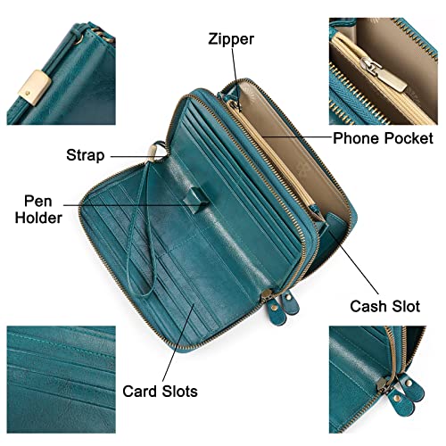SENDEFN Leather Women Wallet RFID Blocking Zipper Around Phone Holder Clutch Wristlet Large Capacity - color: Peacock Blue