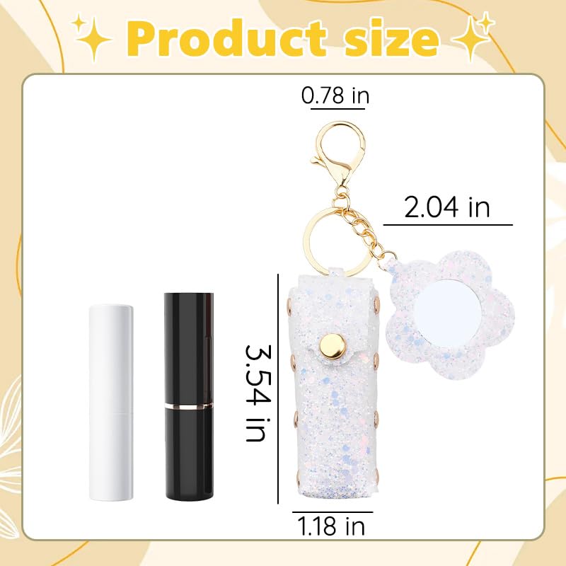 Sisadodo Glitter Lip Oil Holder Key Chains for Woman Lipstick Case with Mirror Lip Balm Keychain for Lipstick Case Keychain - color: White-flower