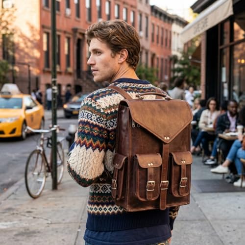 Convertible Leather Laptop Backpack for Men – 17 Inch Business Travel Bag, 2-in-1 Messenger & Backpack, Full Grain Leather Work Bag, Carry On Professional Office Bag (12" x 16")