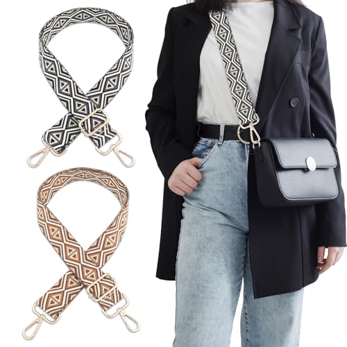 2 Pack Adjustable Crossbody Purse Straps,1.5" Wide Replacement Shoulder Straps for Handbags, Retro Jacquard Embroidered Multi-Pattern Bag Strap for Crossbody & Shoulder Bags - color: Embroidered Black&beige