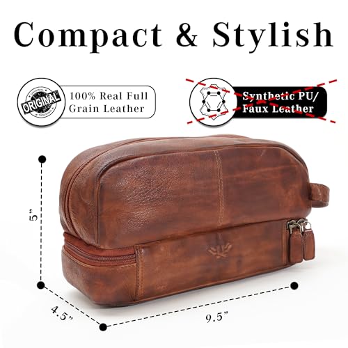 Premium Handmade Leather Toiletry Bags for Men and Women, Genuine Leather Dopp Kit and Shaving Bag for Men, Travel Cosmetic Bag for Womens and Mens, Retro - Dark Brown - color: Retro - Brown (Large)
