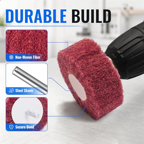 10 PCS Scouring Pads Abrasive Buffing Polishing Wheel Drill Polishing kit | 5 sizes of flap wheel: 1" 1-3/16" 1-1/2" 2" 2-3/8" 1/4” Shank Non Woven Wheel Polishing Kit for rotary tool accessories