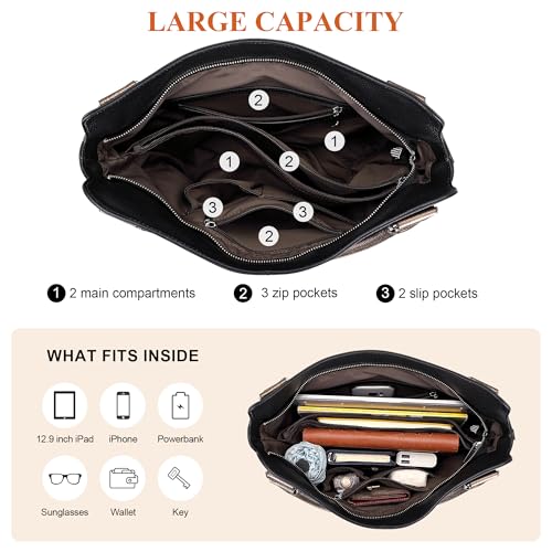 Genuine Leather Pueses for Women Large Hobo Bags Muti Pockets | Crossbody Tote Bags with Top Handles, Key Leash, Adjustable Straps for Shoulder/Handbags/Tote, Daily - color: 03-black/Bronze