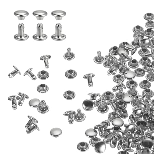 HARFINGTON 100 Sets Double Cap Leather Rivets, 6x6mm Round Cap Tubular Metal Studs Leather Crafting Rivets for Fabric Belt Pet Collar Boot Bag Repair and Decoration, Silver - color: Silver, size: 6x6mm