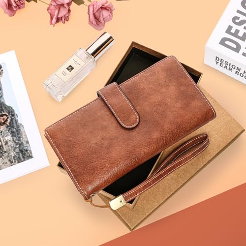 XINNSTAR Womens Wallet RFID Blocking Large Capacity Credit Card Holder Long Purses for Women with Wristlet Pocket ID Window - color: Brown
