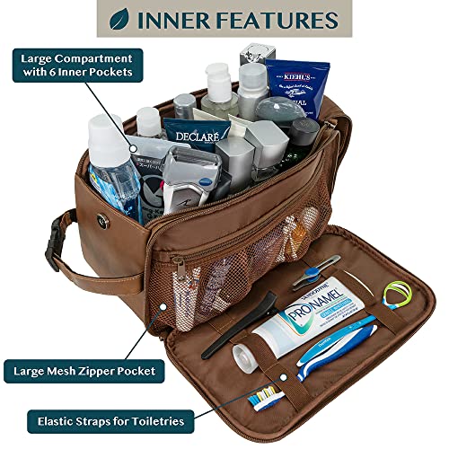 PAVILIA Toiletry Bag for Men, Travel Essentials Shaving Dopp Kit, Mens Travel Bag Toiletries Organizer Case for Grooming, PU Leather Water Resistant Cosmetic Bag Pouch (XL, Brown) - color: Brown, size: Extra Large (12x6x7)