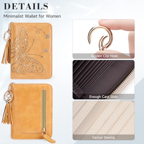 KITEVIUN Women RFID Blocking Small Bifold Wallet, Compact Cash Clutch with Zipper Coin Pocket, Glittery Butterfly Design, Credit Card Holder, Travel Purse with Tassel YELLOW - color: 04-YELLOW
