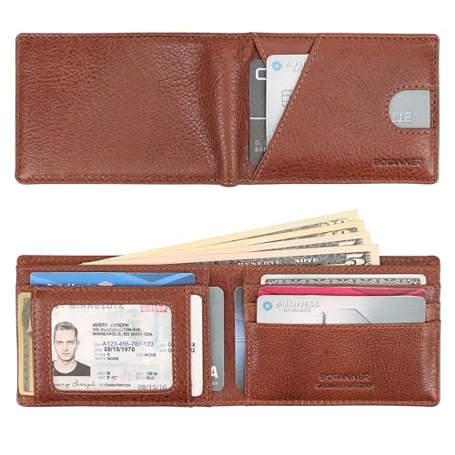 Genuine Leather Mens Bifold Wallet RFID Blocking 7 Credit Card Slots 1 ID Window 1 Section for Bills 2 Additional Slots | Tan - color: Tan, size: 7 Card + 1 ID