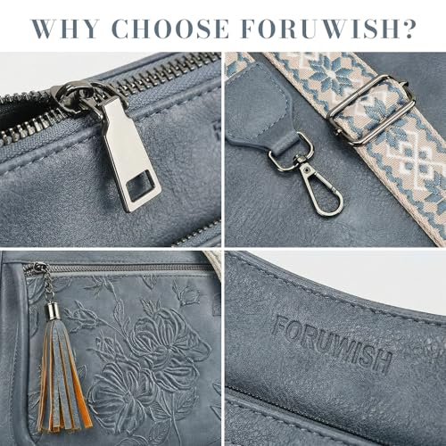 Crossbody Bags for Women, Medium Vegan Leather Purses | Large Capacity Multi-Pocket Embossed Shoulder Bag with Boho Strap for Daily Travel - color: Blue