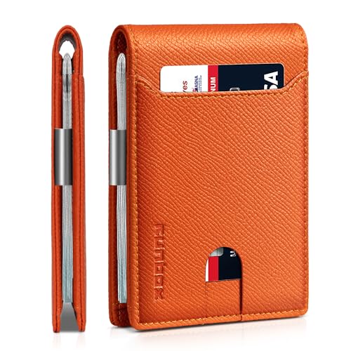 RUNBOX Slim Wallet for Men - RFID Blocking Leather Bifold with Money Clip | Minimalist Front Pocket Wallet Holds 11 Cards,Slim Thin Design,RFID Blocking Protection, Practical Birthday Gifts for Men - color: palm grain orange