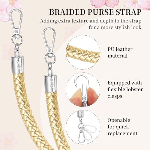 PATIKIL Braided Purse Straps 62cm / 24", PU Leather Handbag Handles Replacement with Silver Buckle for DIY Purse Handbag Tote Making Accessories, Golden - color: Golden, size: 24 Inch
