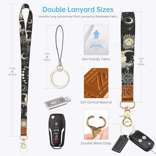 2-in-1 ID Badge Holder & Lanyard Wallet，Cute Zippered Pouch Sun and Moon | for Teachers,Nurse,Professionals，Removable Wristlet & Neck Lanyard,5 Card Slots Stylish Work Essential - color: Sun and Moon