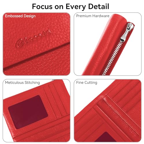 Women's Bifold Wallet, Genuine Leather, Magnetic, ID Window | Holds 10+ Cards, 2 Zip Coin Pockets, Pebbled Cowhide, Snap Closure, Large Capacity, Multiple Colors, Compact 5.5x3.9in - color: B-Red