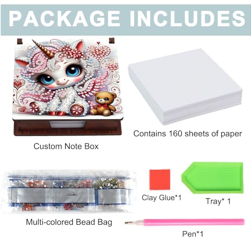JZHYOAN Diamond Art Note Box for Woman, DIY Wooden Reusable Portable Office Holder Box, Message Paper Mosaic Storage Box for Bedroom Living Room-Unicorn-Contains 160 Sheets of Paper Note Holder