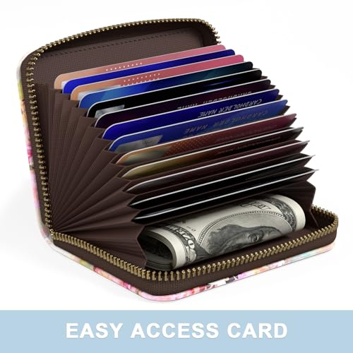 Credit Card Holder, Small RFID Wallet Slim Leather Card Organizer Case - color: B-Watercolor Flowers, size: Wrist Strap