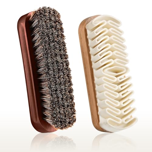 Horsehair Brush & Suede Shoe Brush,Soft Bristles Shoe Cleaning Brush for Polishing Leather, Portable Horse Hair Shine Brush for Boots Handbags Coats Sofa Furniture(2 PCS)